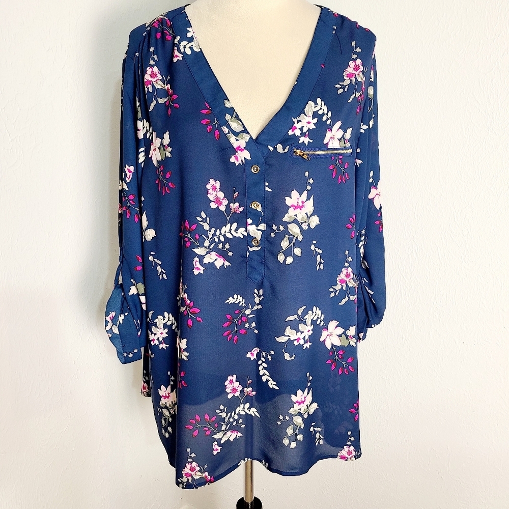 Justify Blue Longsleeve Blouse with Pink & White Flowers, Size 3X